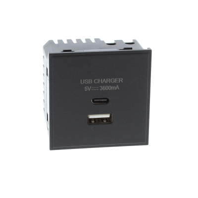 Black USB Type C and USB A 3.6A Charger Euro Module. 